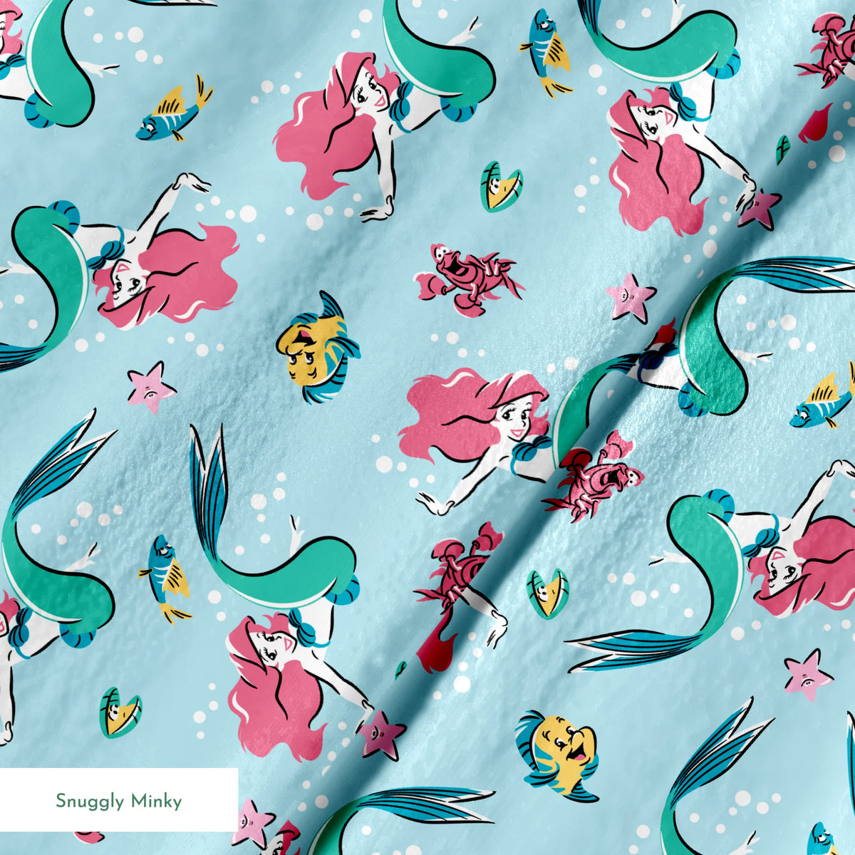 Underwater pattern with colorful mermaids, tropical fish, crabs, and starfish on light blue background springs minky texture