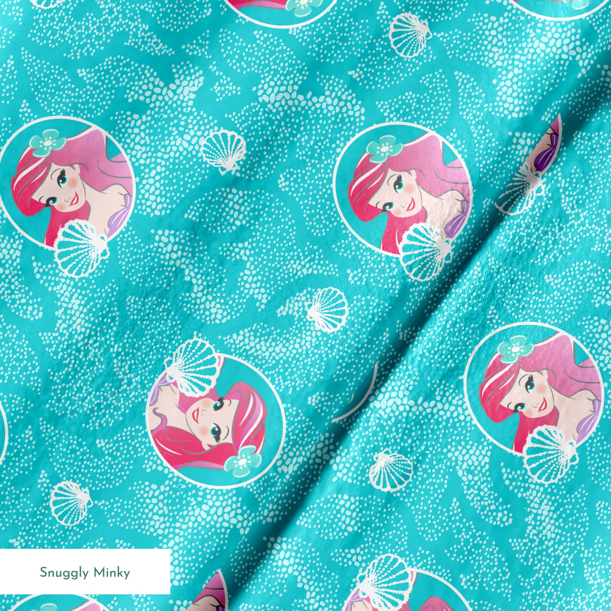 The Little Mermaid pattern with Ariel in turquoise circles on aqua background with seashells springs minky texture