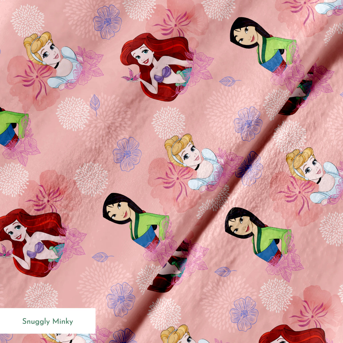 Disney princess characters on pink floral background with delicate flower patterns springs minky texture