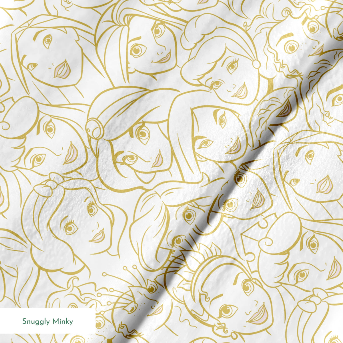 Golden line art of Disney princesses in an overlapping collage pattern with expressive facial features. springs minky texture