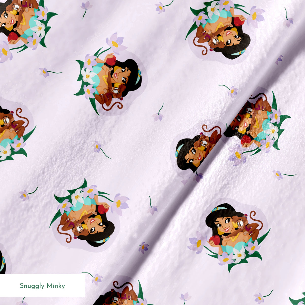 Cartoon pattern of Princess Jasmine with tiger cub surrounded by flowers on light pink background springs minky texture