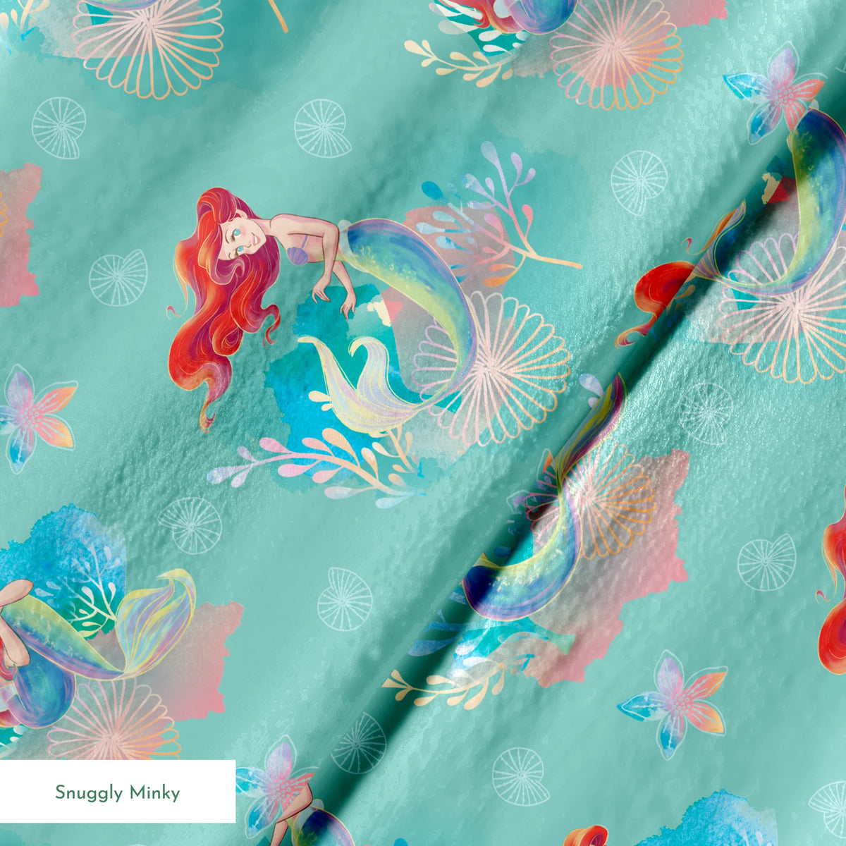 Whimsical teal pattern featuring mermaids with red hair, seashells, starfish, and coral in pastel colors springs minky texture