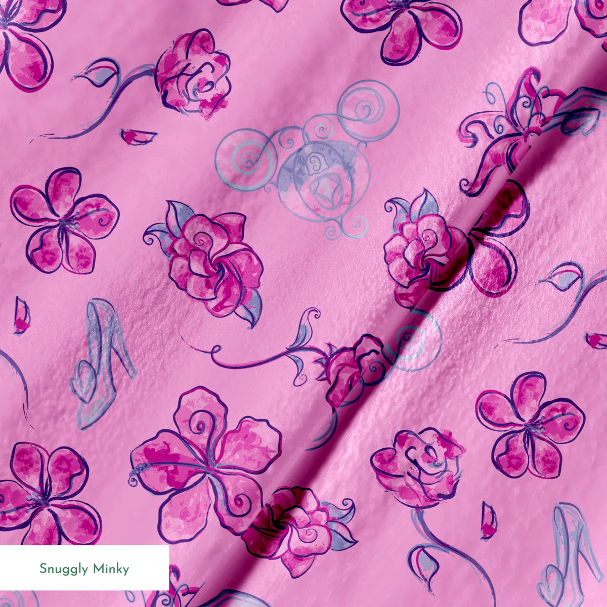 Whimsical Cinderella pattern of purple flowers, roses, and glass slipper outlines on pink background springs minky texture
