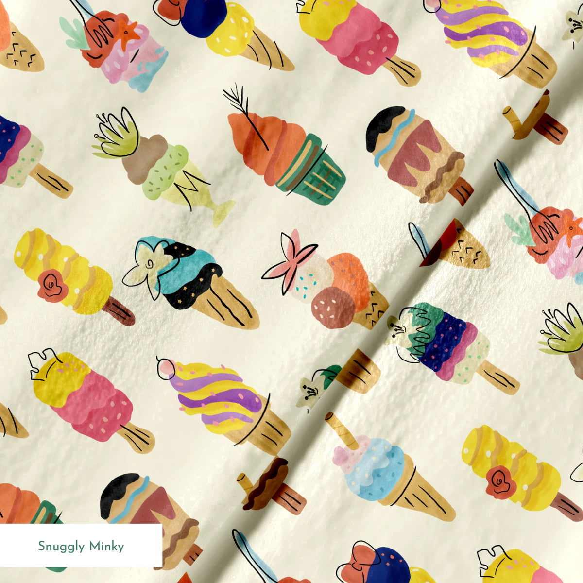 Colorful illustration of Disney Princess-inspired ice cream desserts including cones, popsicles, and sundaes with decorative toppings springs minky texture