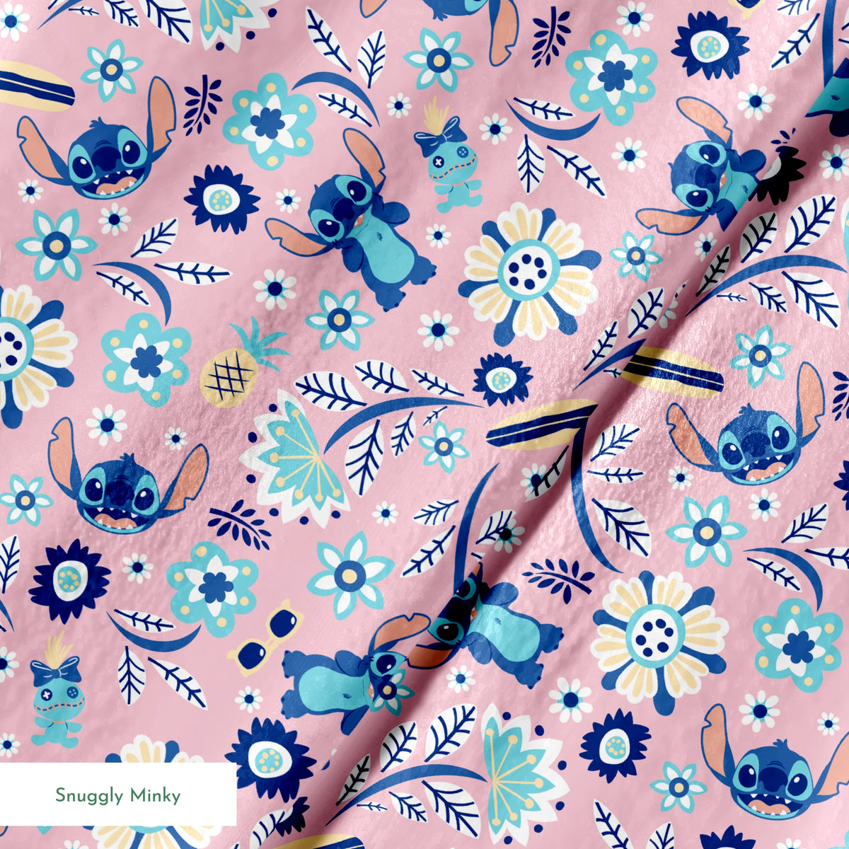 Floral pattern with Disney's Stitch, white daisies, and mint green accents on pink background springs minky texture