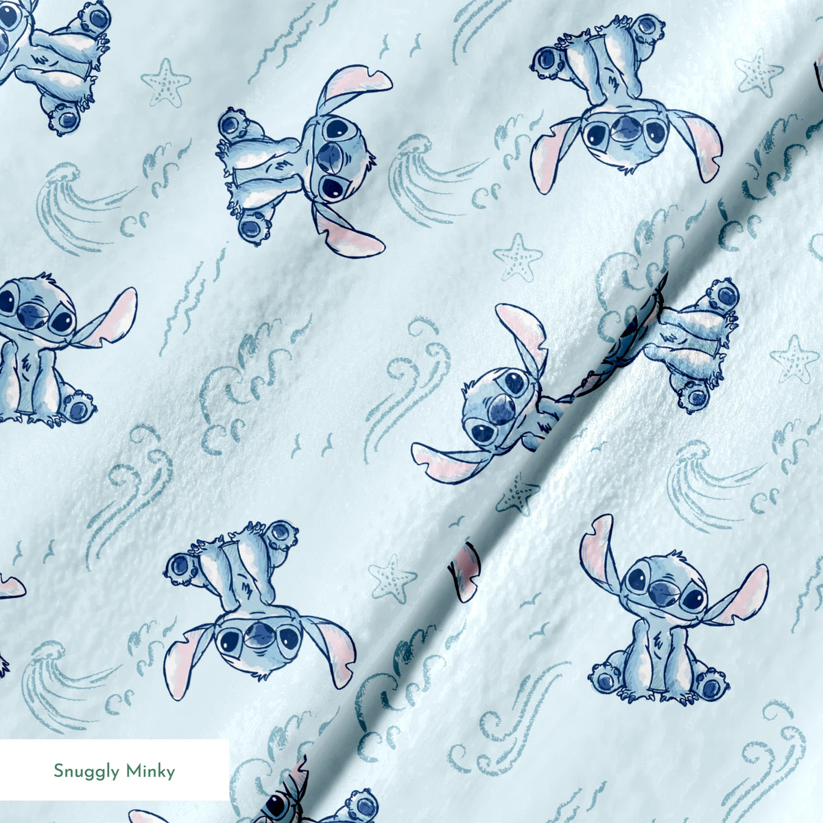 Blue cartoon alien characters with large ears in playful poses against light blue background with swirls and stars pattern springs minky texture
