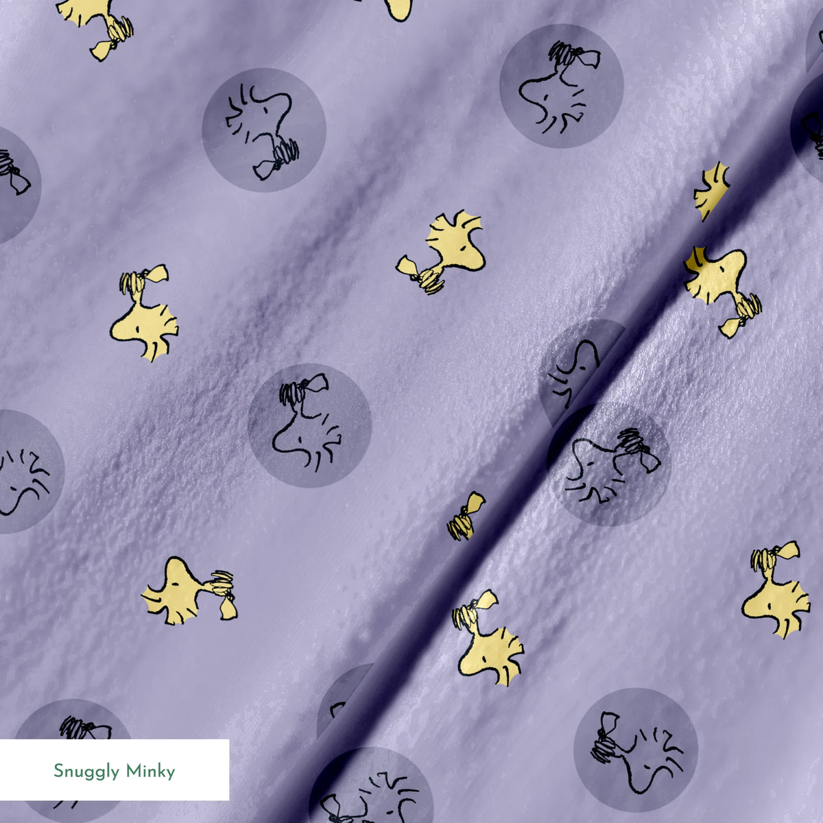 Woodstock alternating with gray circular silhouettes on purple background springs minky texture