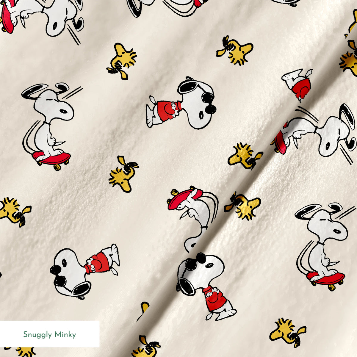 Snoopy and Woodstock on cream background, arranged in pattern springs minky texture