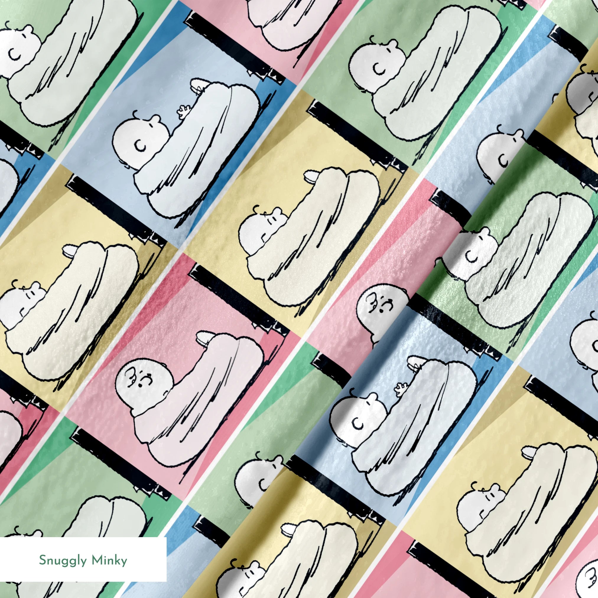 Charlie Brown resting on a white bed/nest in a grid of 12 colorful panels with pastel backgrounds. springs minky texture