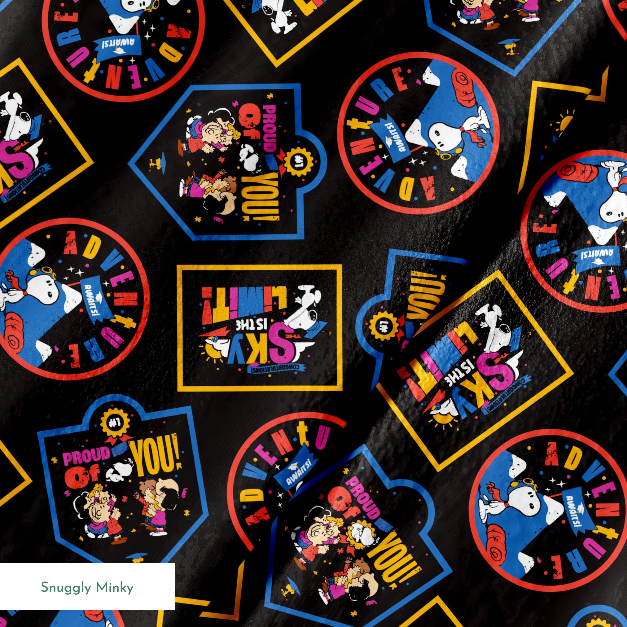 Colorful Peanuts character patches in various shapes on black background, featuring animated figures in vibrant colors springs minky texture
