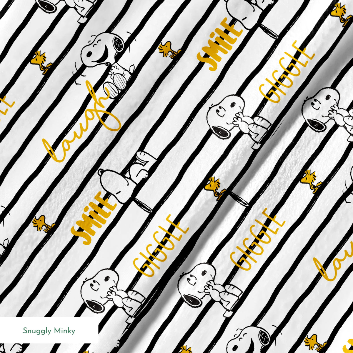 Black and white striped pattern with Snoopy and Woodstock, yellow text saying "giggle," "laugh," "smile springs minky texture
