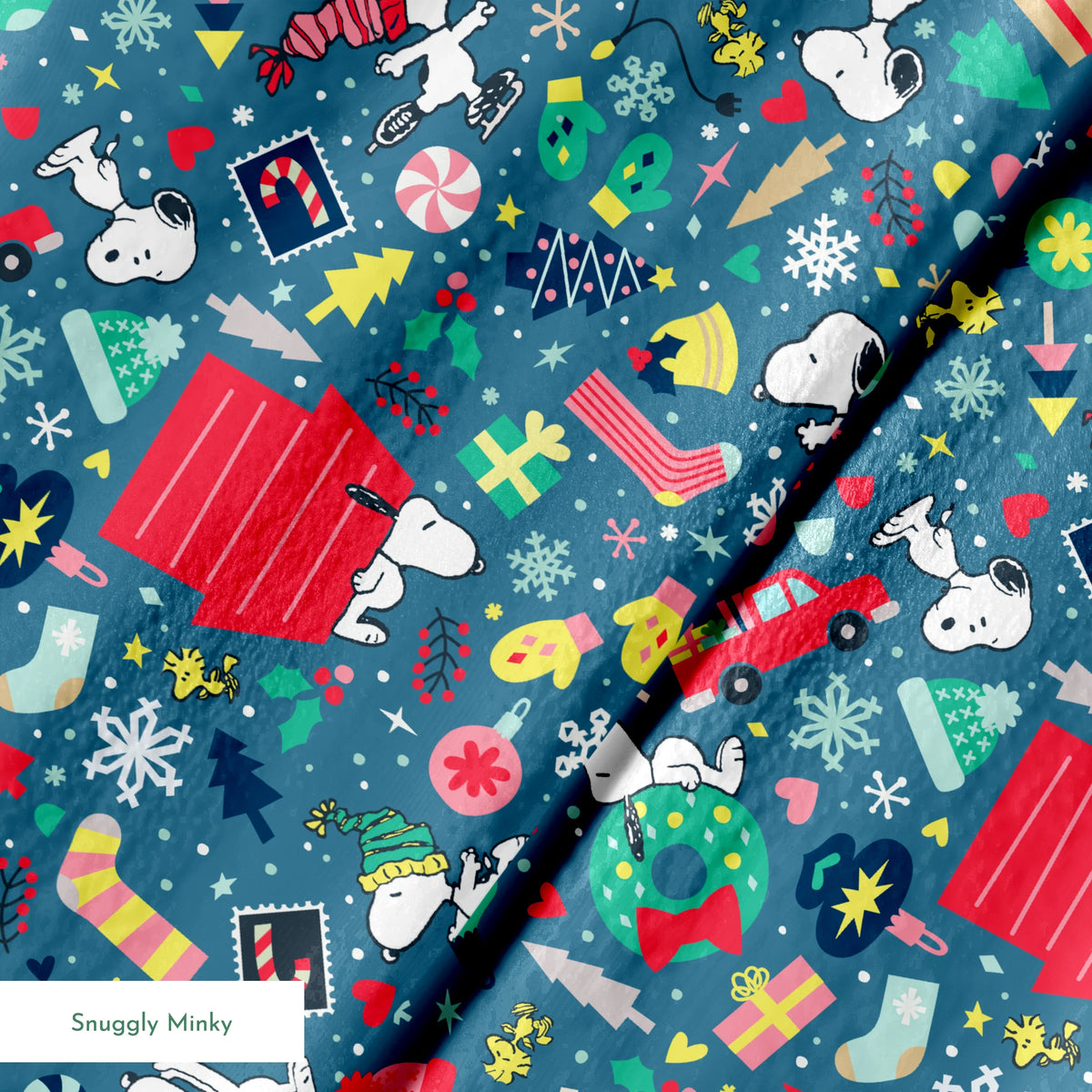 Colorful Peanuts Christmas pattern with festive icons, red mailboxes, presents, houses, and holiday symbols on teal background springs minky texture