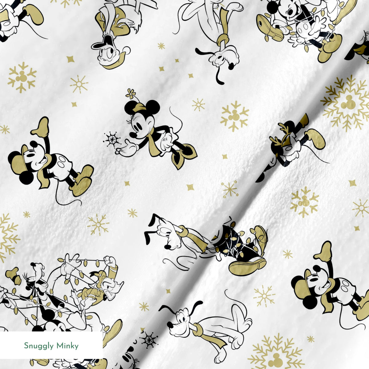Vintage Disney characters pattern with Mickey, Minnie and Pluto on white background with gold snowflakes springs minky texture