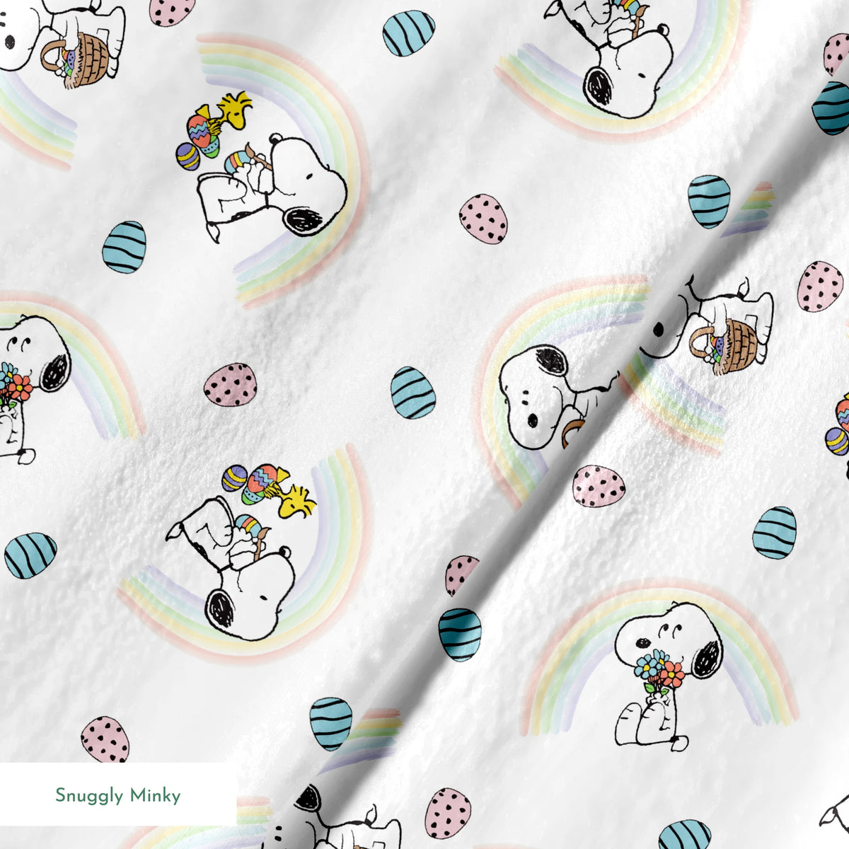Snoopy pattern with Easter eggs, rainbows, and Woodstock, featuring Snoopy holding flowers and baskets springs minky texture