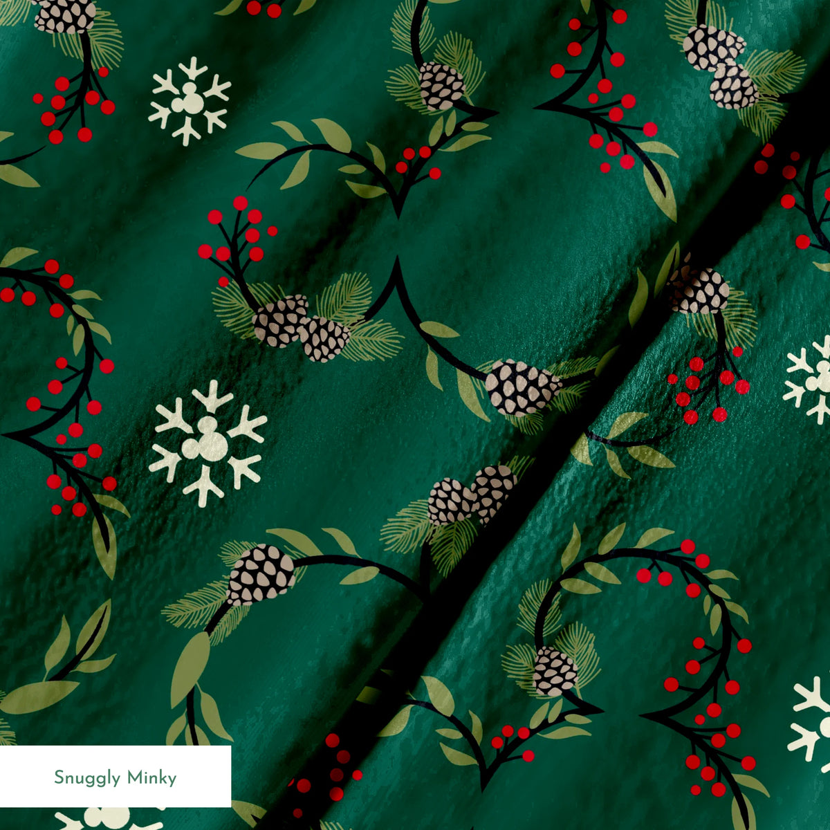 Holiday pattern with green wreaths, pinecones, red berries and white snowflakes on dark green background springs minky texture