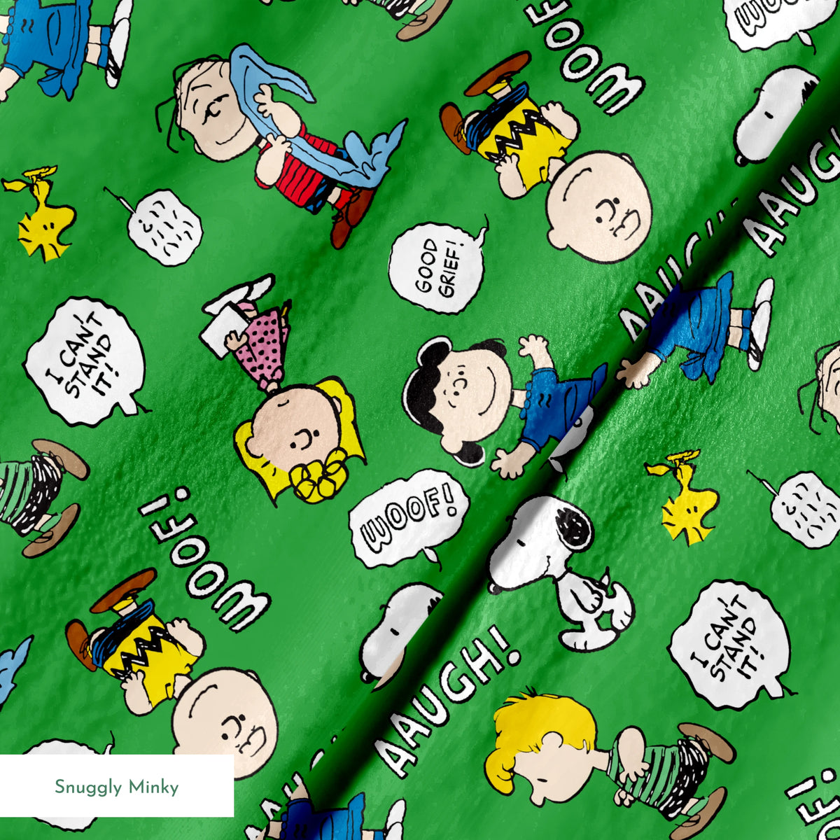 Peanuts comic characters on green background - Snoopy, Woodstock, and gang with speech bubbles like "AAUGH!" and "I CAN'T STAND IT! springs minky texture