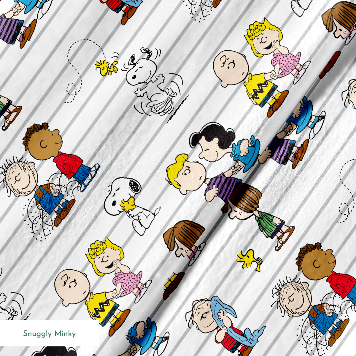 Peanuts cartoon characters on striped background, including Snoopy, Woodstock, and friends with their signature traits and poses. springs minky texture