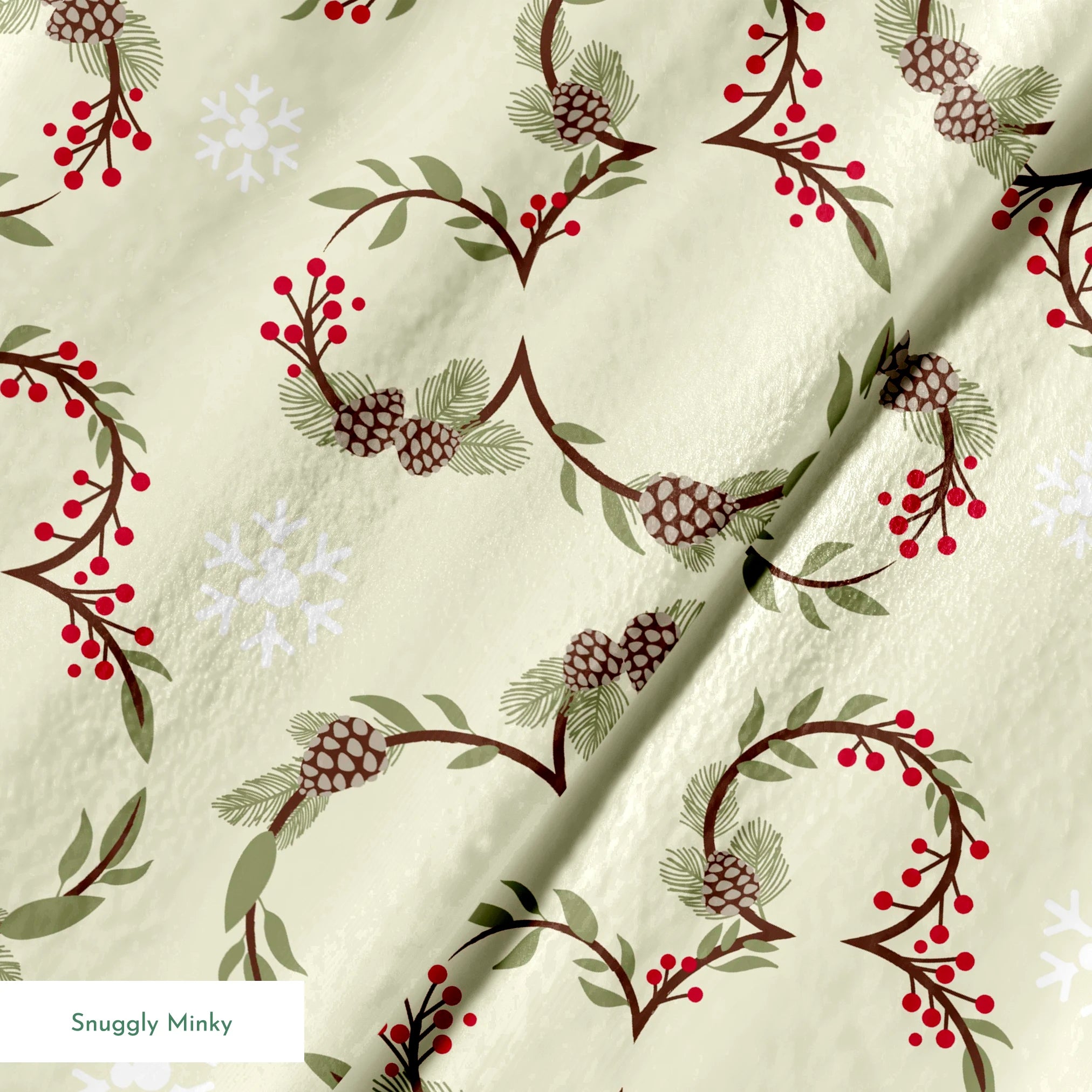 Holiday pattern with pine wreaths, red berries, and white snowflakes on light green background springs minky texture