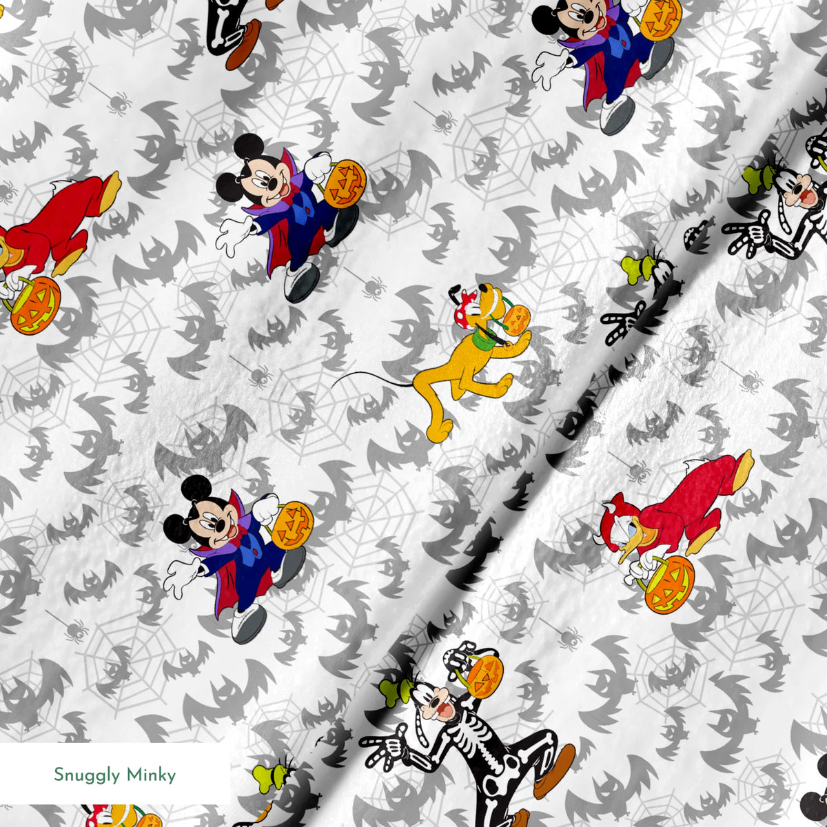 Disney cartoon characters in Halloween costumes with pumpkins on bat pattern background springs minky texture