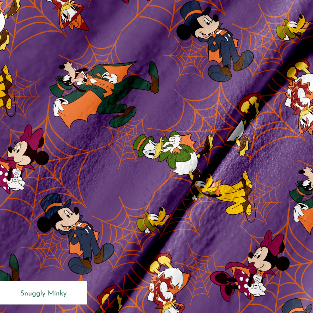 Disney cartoon characters in Halloween costumes on purple background with orange spider webs springs minky texture