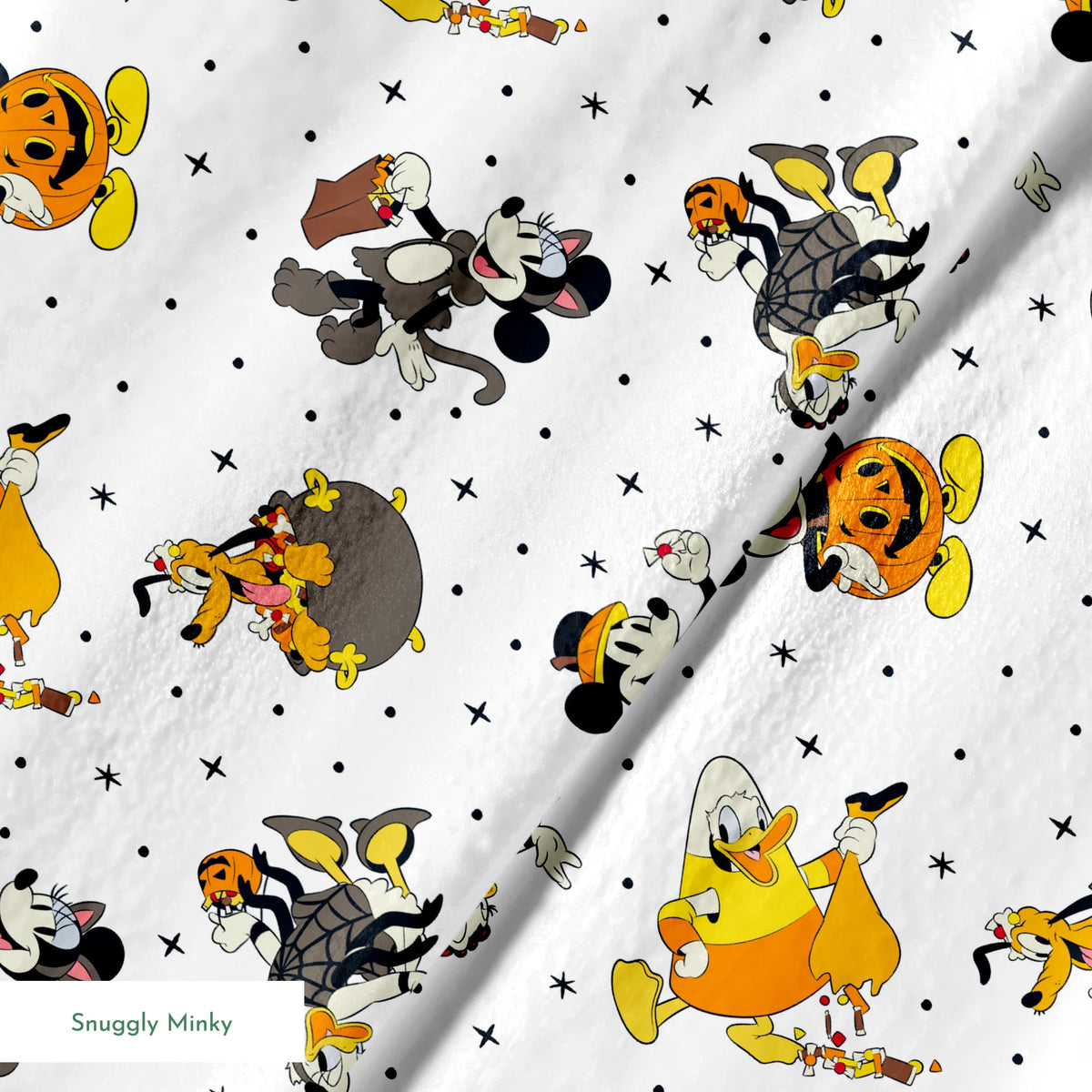 Disney characters in Halloween costumes on white background with stars - Mickey, Pluto, and friends in festive attire springs minky texture