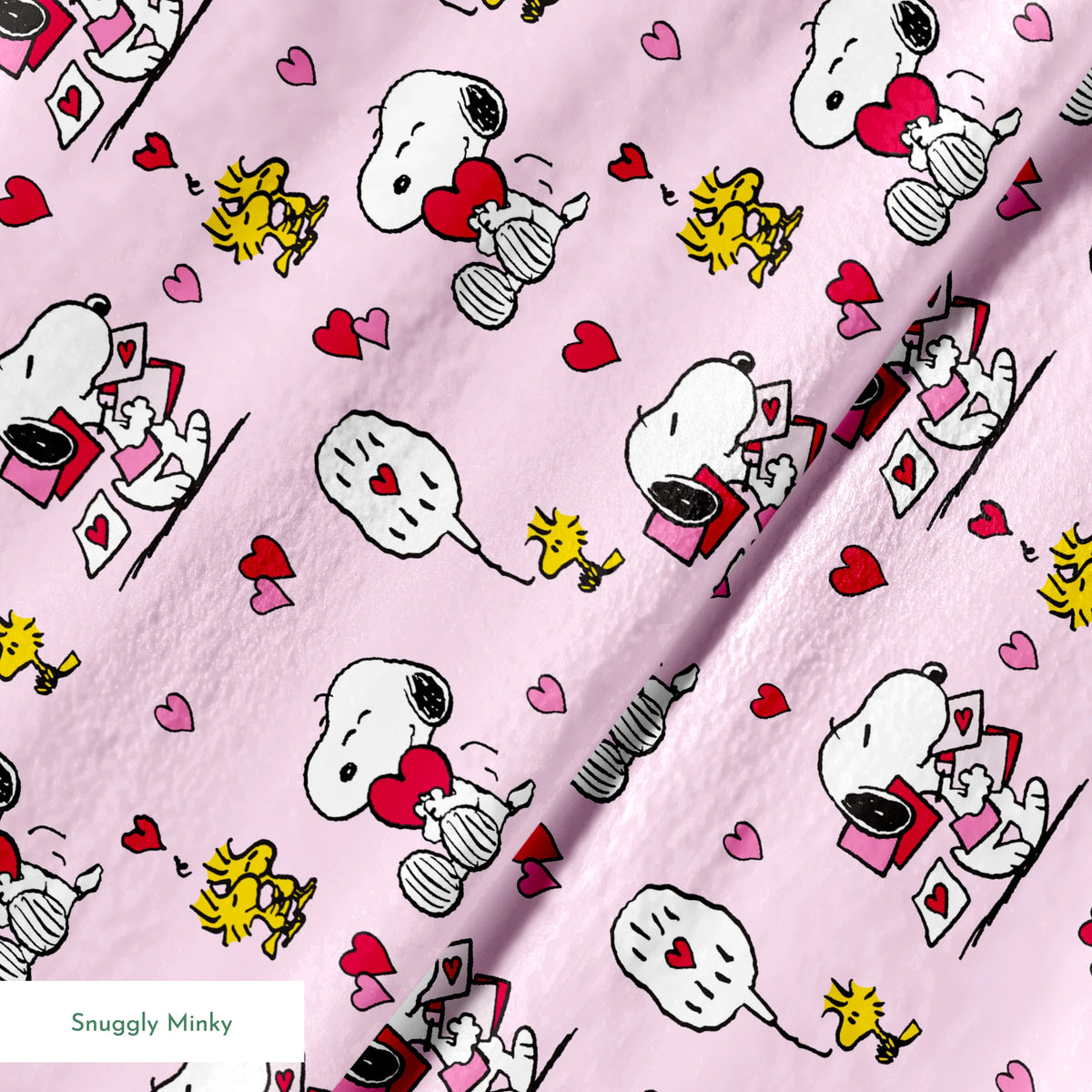Valentine's pattern with Snoopy, Woodstock, and hearts on pink background, featuring love letters and speech bubbles. springs minky texture