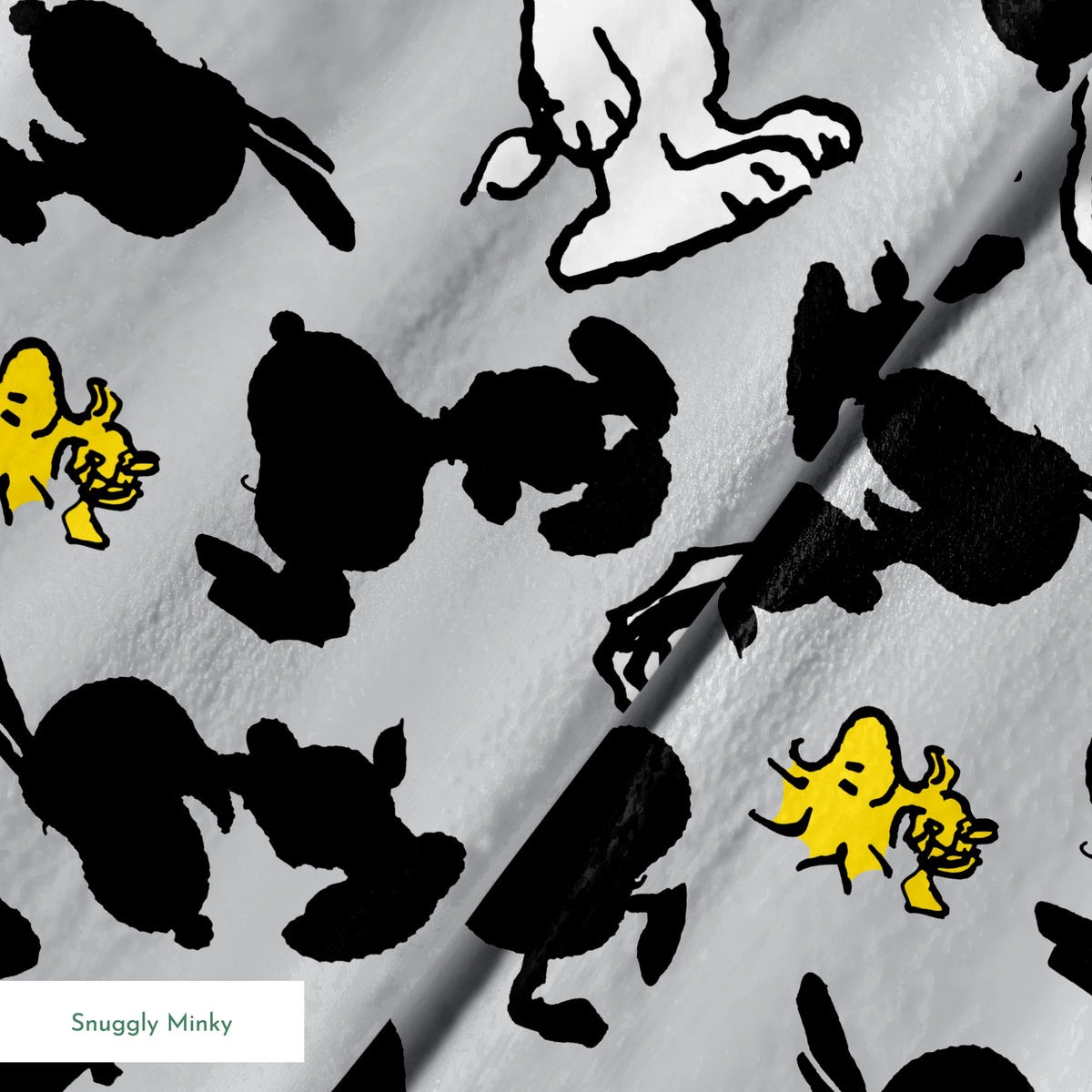 Pattern of Snoopy and Woodstock on gray background with black silhouettes springs minky texture