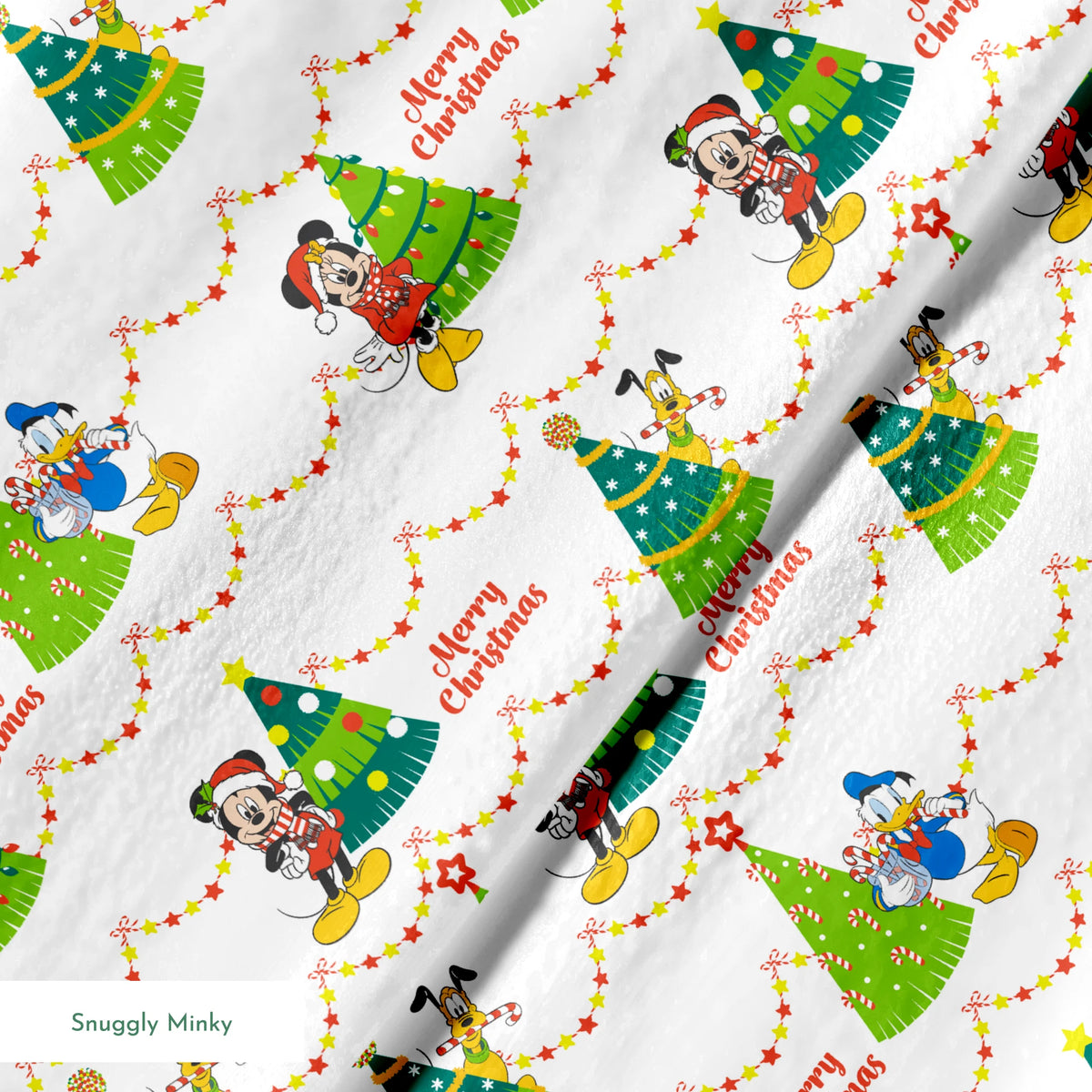 Disney Christmas pattern with Mickey, Minnie, and Donald beside decorated trees with star garland borders springs minky texture