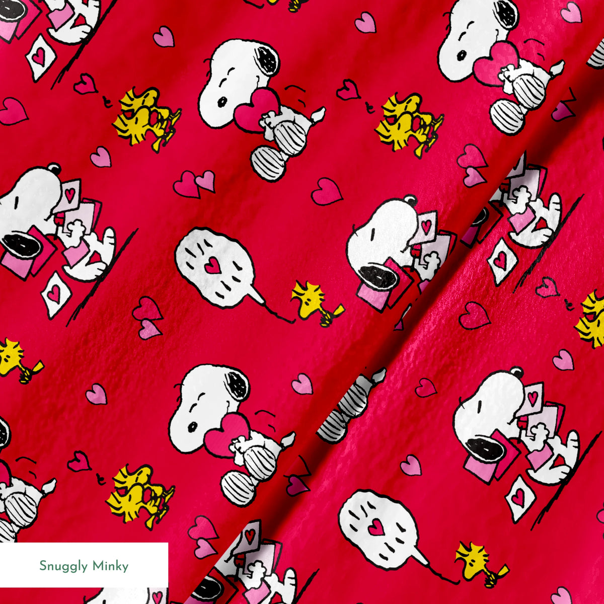 Snoopy and Woodstock pattern with hearts on bright red background, Valentine's theme springs minky texture