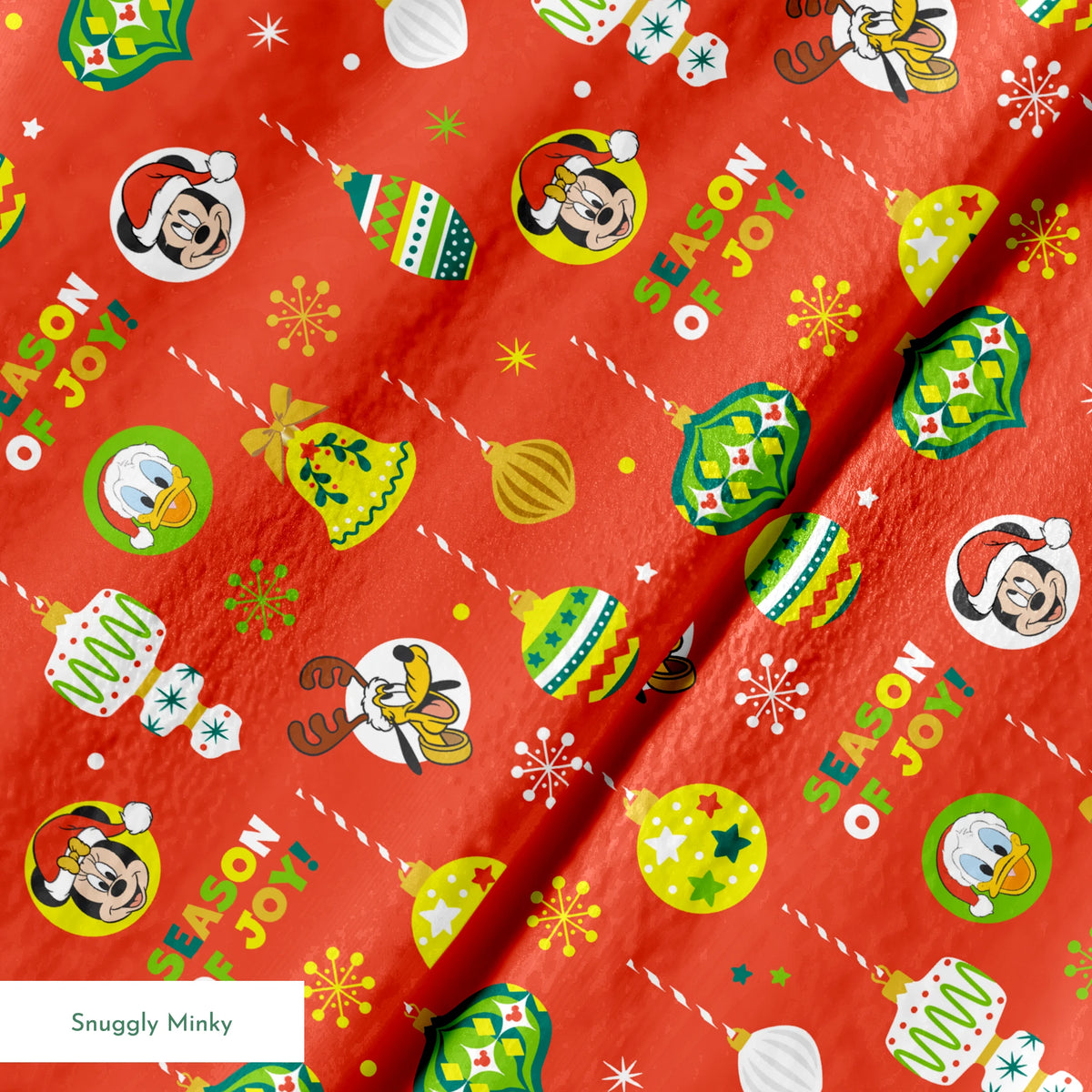 Christmas ornament pattern with colorful baubles, bells, snowflakes and Mickey Mouse characters on bright red background springs minky texture