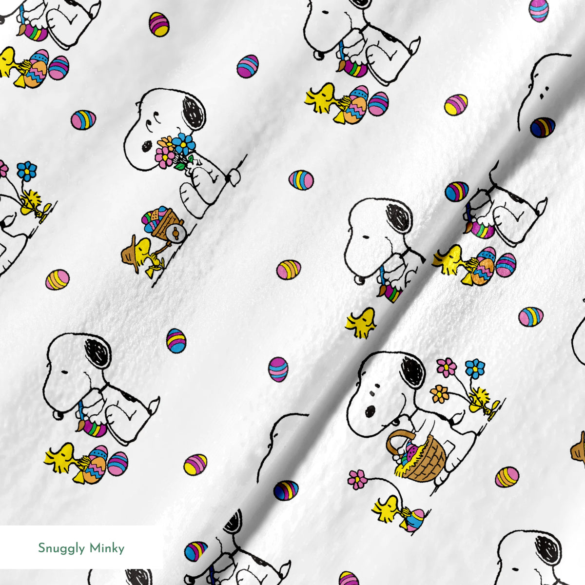 Cartoon pattern with Snoopy and Woodstock celebrating Easter with colorful eggs and baskets on white background springs minky texture