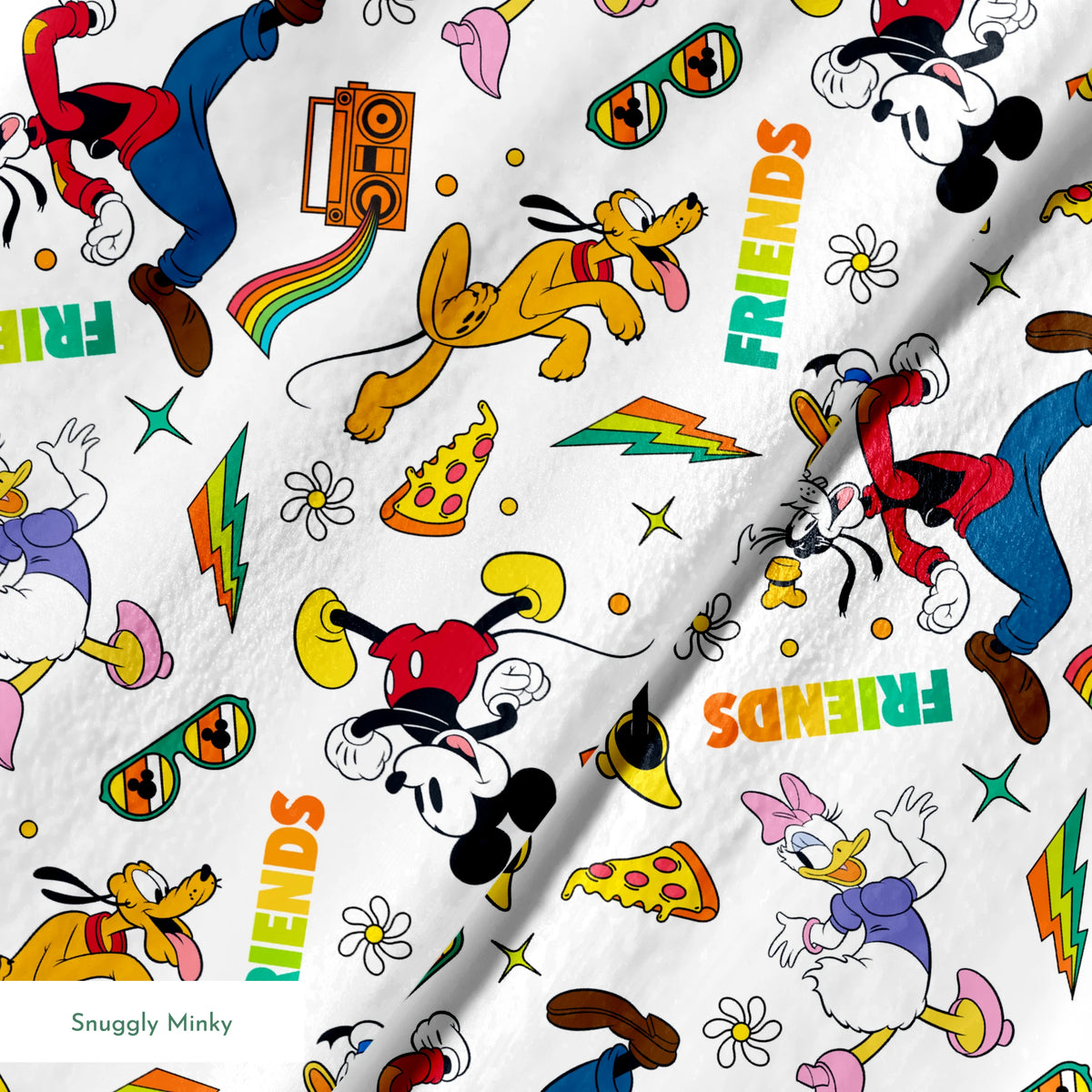 Cartoon pattern featuring classic Disney characters with radios, rainbows, sunglasses and "FRIENDS" text on white background. springs minky texture
