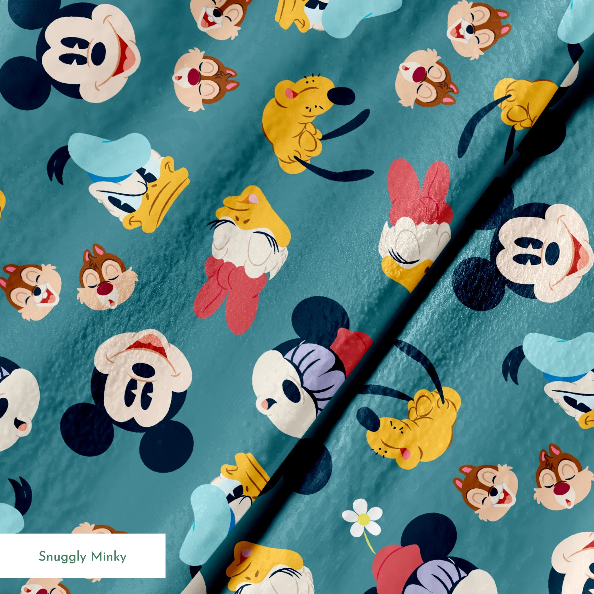 Disney cartoon characters pattern with Mickey Mouse, Donald Duck, and Pluto on teal background with small flowers springs minky texture