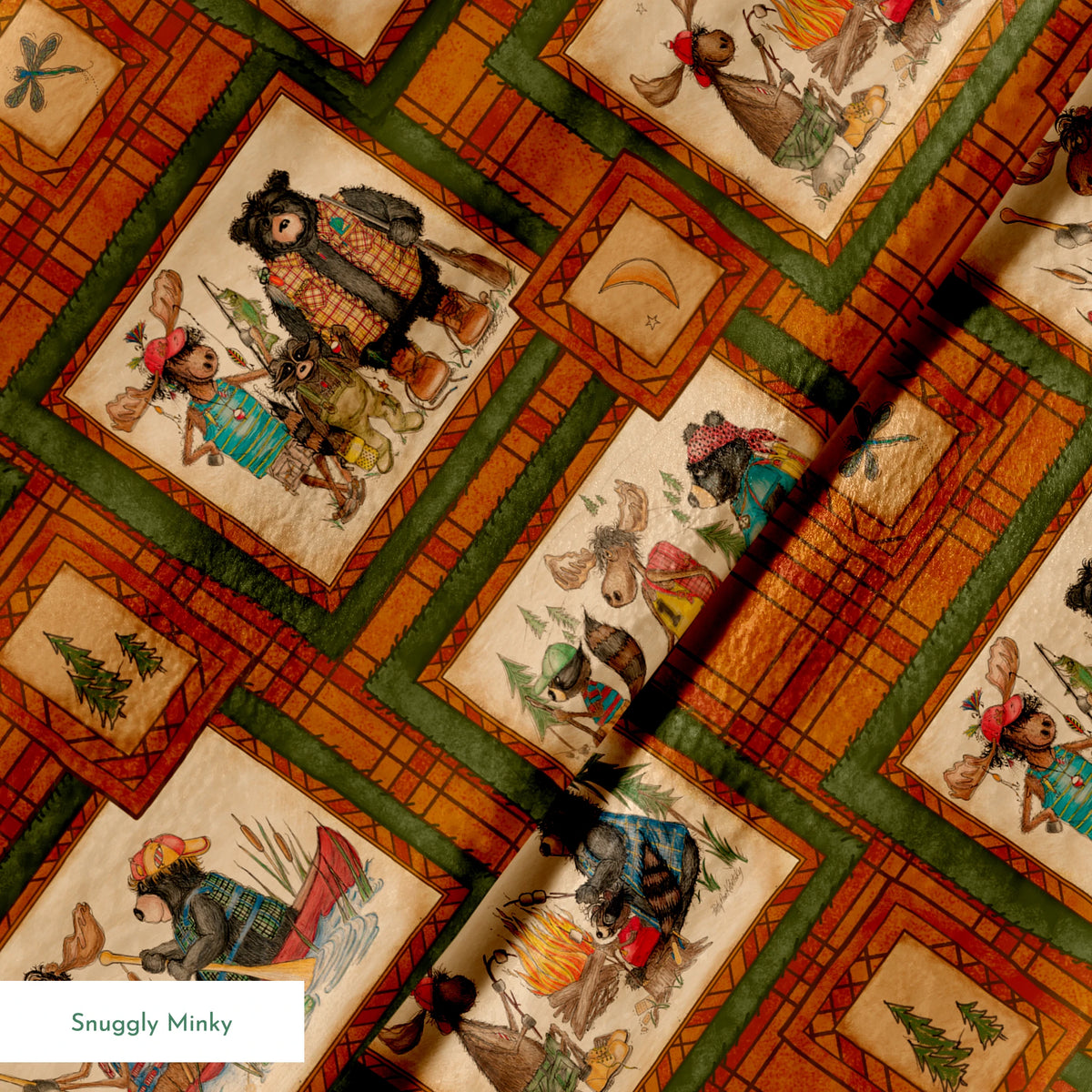 Vintage-style patchwork pattern with framed scenes of people and animals on orange plaid background springs minky texture