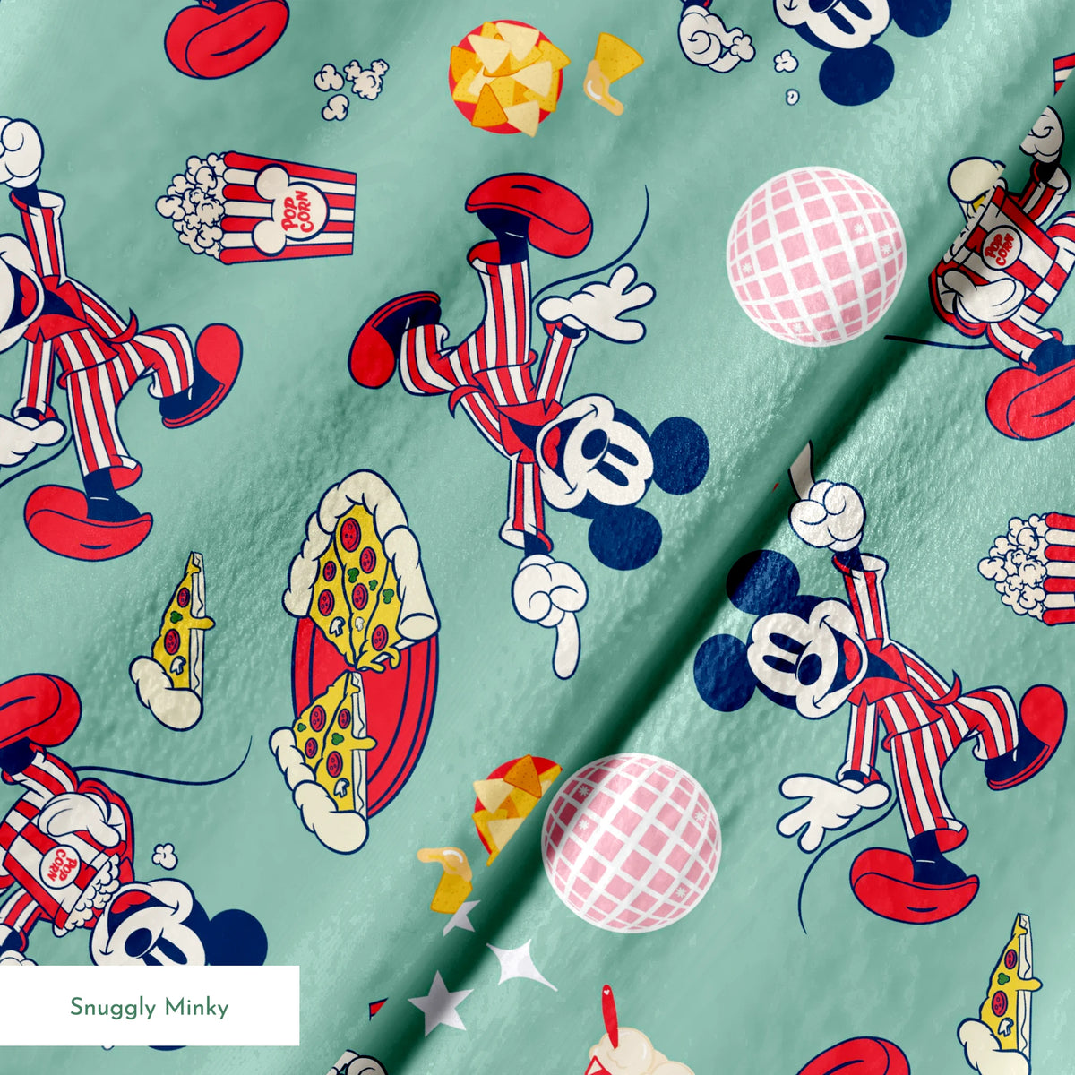 Mickey Mouse in red striped outfits with disco balls, pizza, popcorn, and snacks on mint green background. springs minky texture