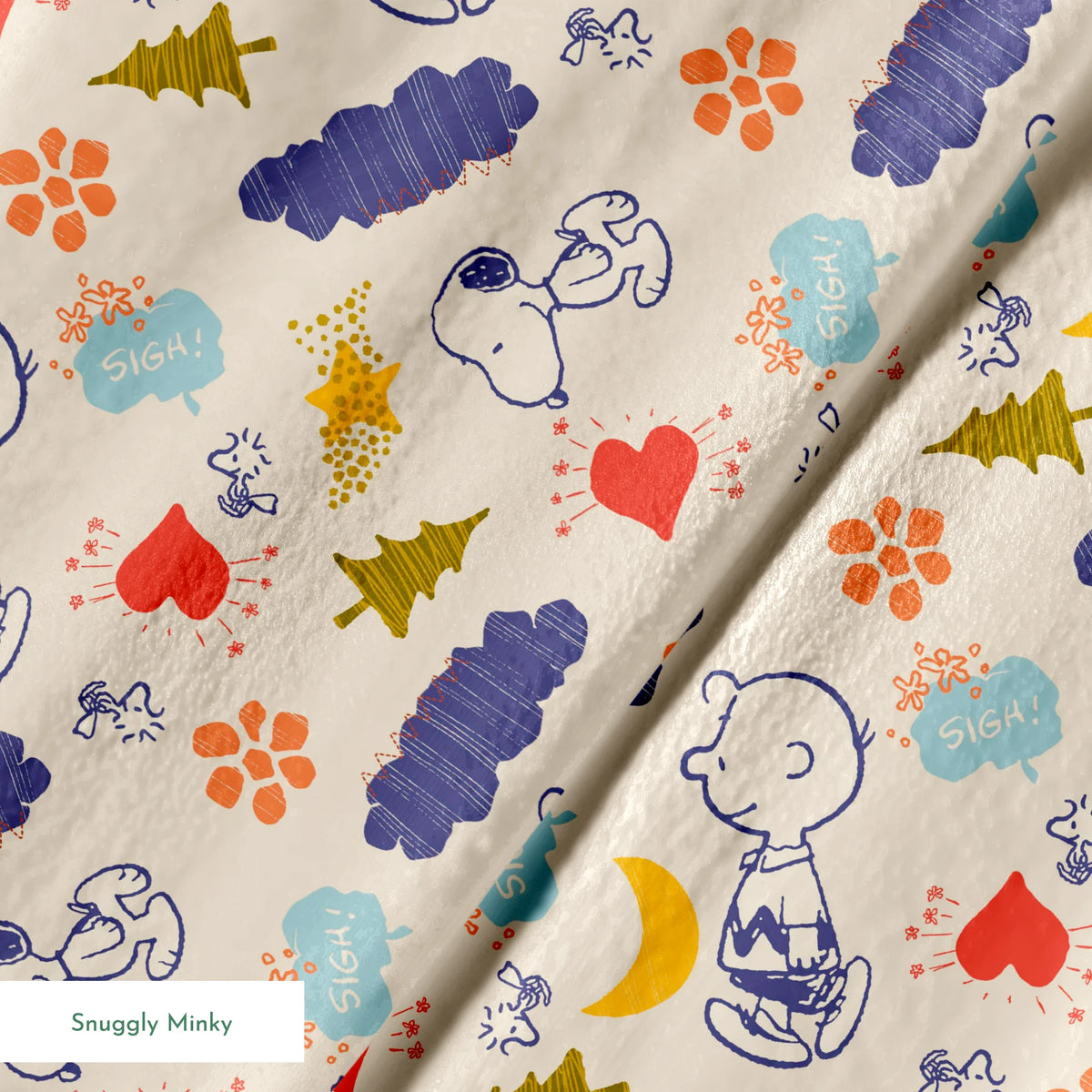 Whimsical Peanuts pattern with trees, clouds, moon, and birds in blue, red, green, and yellow on cream background. springs minky texture