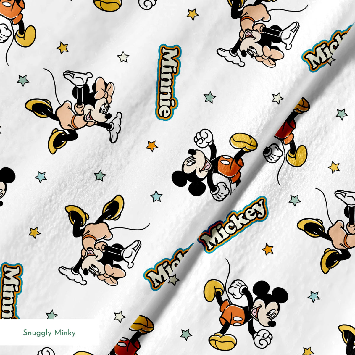 Pattern of cartoon Disney characters including Mickey Mouse and Minnie with yellow stars on white background springs minky texture
