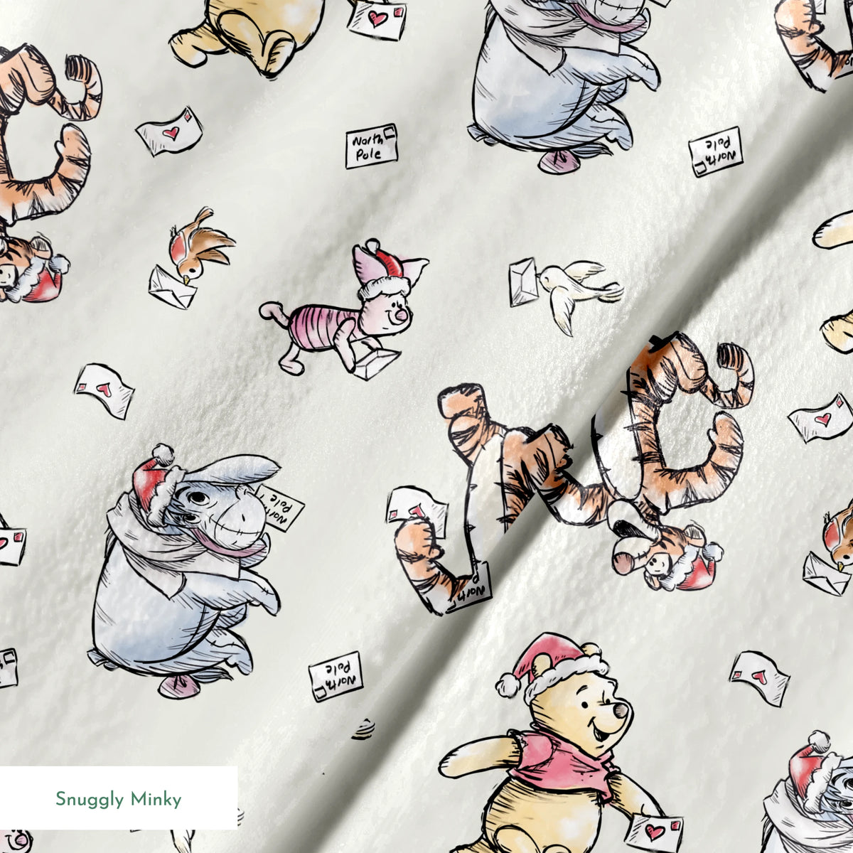Whimsical cartoon characters in Santa hats on cream background with scattered letters springs minky texture