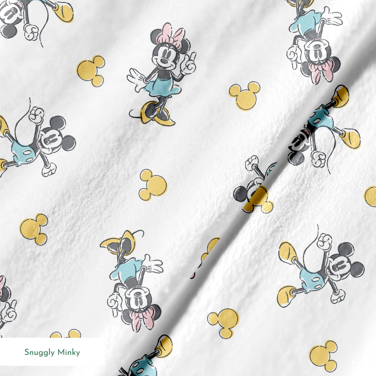 Mickey Mouse characters in light blue outfits scattered on white background with yellow Mickey silhouettes springs minky texture