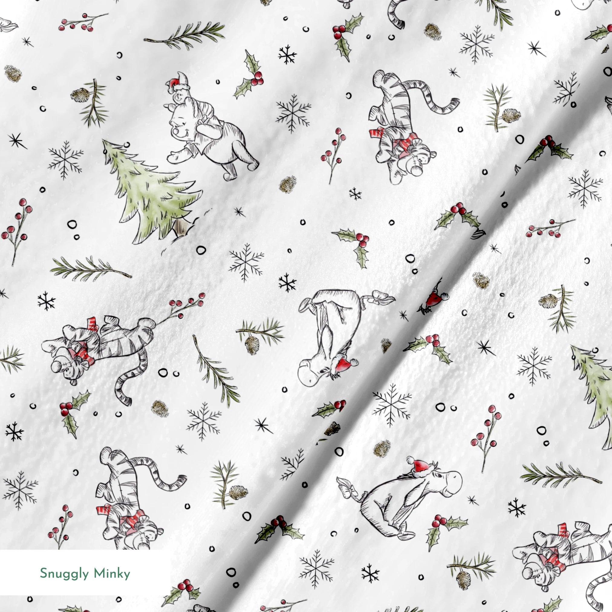 Delicate white winter pattern with cartoon mice, pine trees, holly berries, and snowflakes springs minky texture