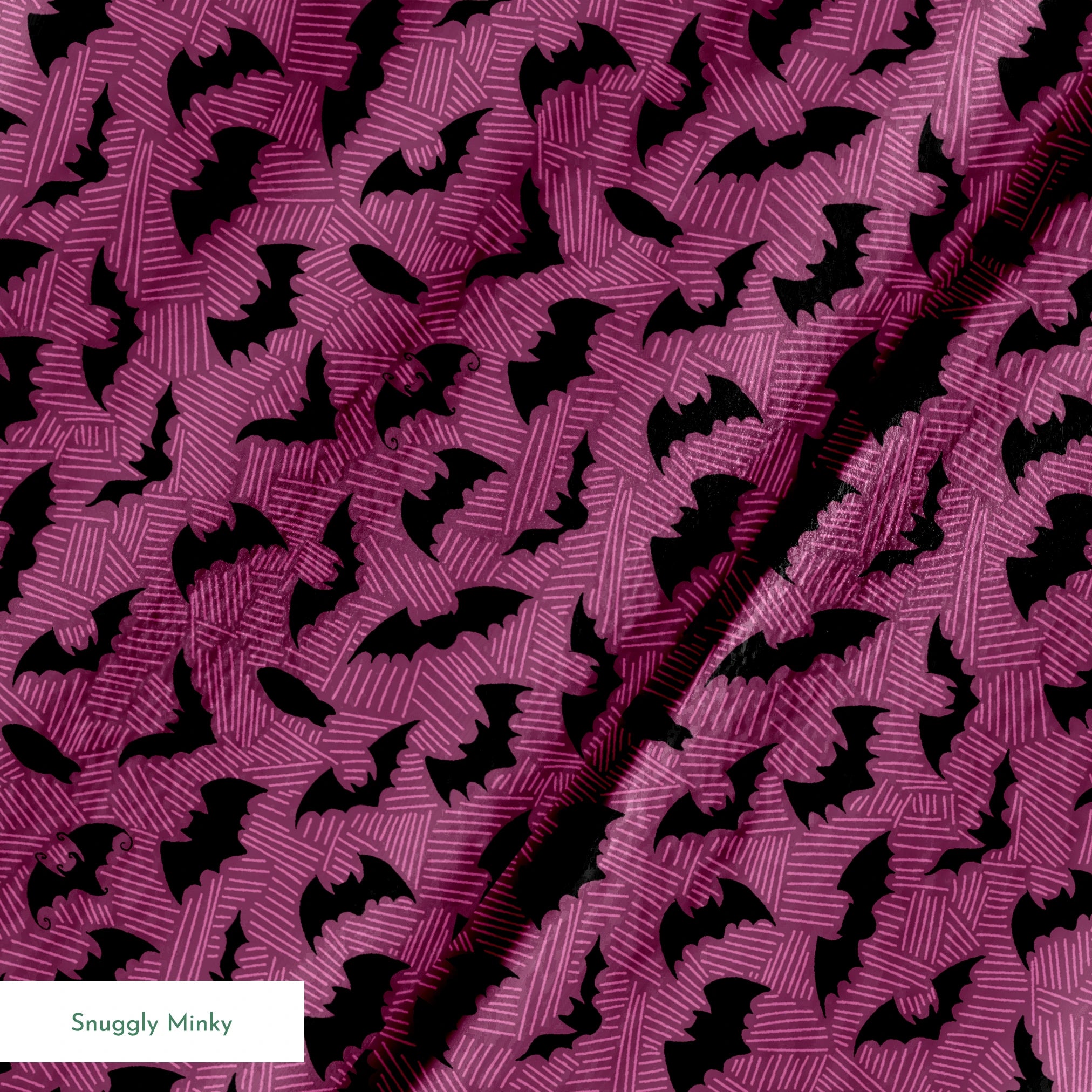 Black bat silhouettes scattered across a purple background with swirling line pattern springs minky texture