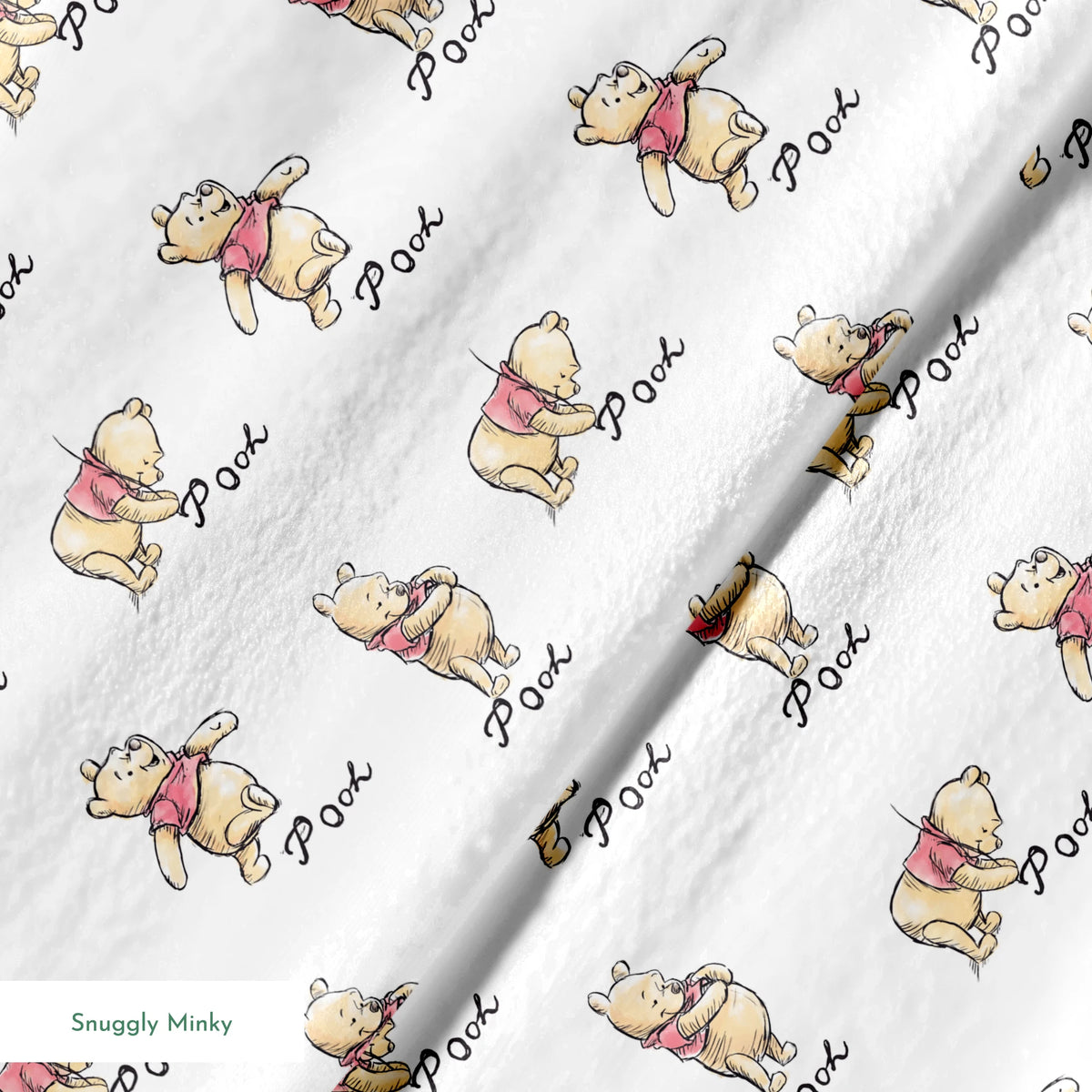 Winnie the Pooh pattern featuring cute yellow bears with red shirts in various poses, labeled "Pooh springs minky texture