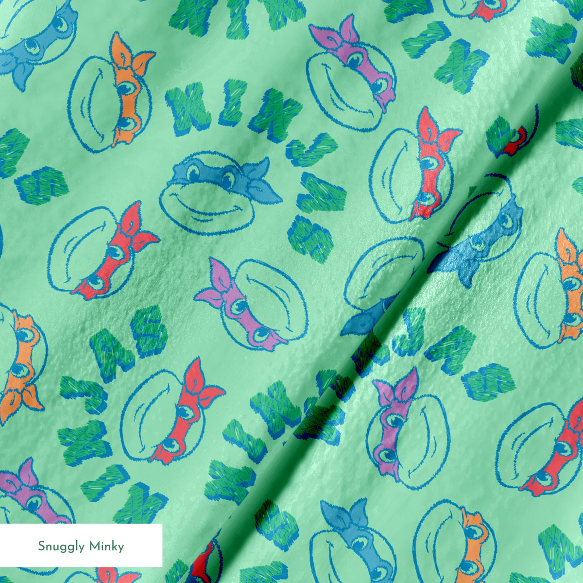 Pattern of Teenage Mutant Ninja Turtles with colored masks in blue, red, and purple on mint green background springs minky texture
