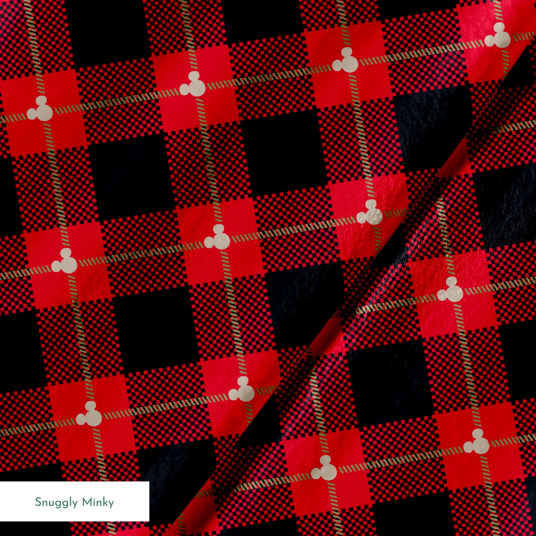 Red and black plaid pattern with diagonal gold stripes and small Mickey Mouse silhouettes springs minky texture