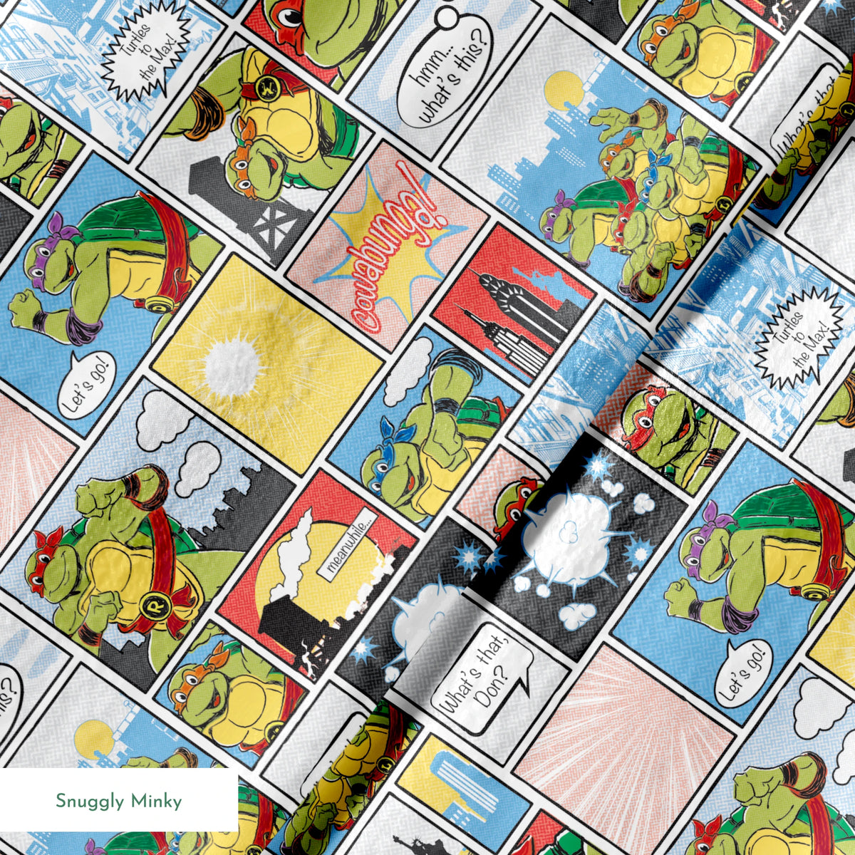 Comic-style grid featuring Teenage Mutant Ninja Turtles with speech bubbles, action scenes, and colorful panels springs minky texture
