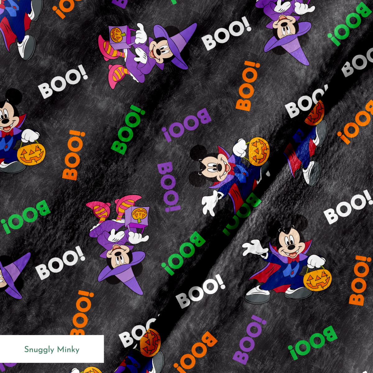 Halloween themed pattern with Disney characters in costumes, pumpkins, and colorful "BOO!" text on dark gray background. springs minky texture