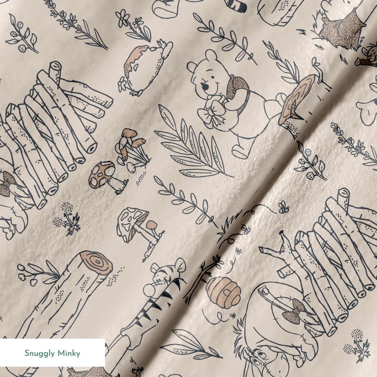 Whimsical illustrated pattern of woodland animals, logs, and plants in black line art on beige background springs minky texture