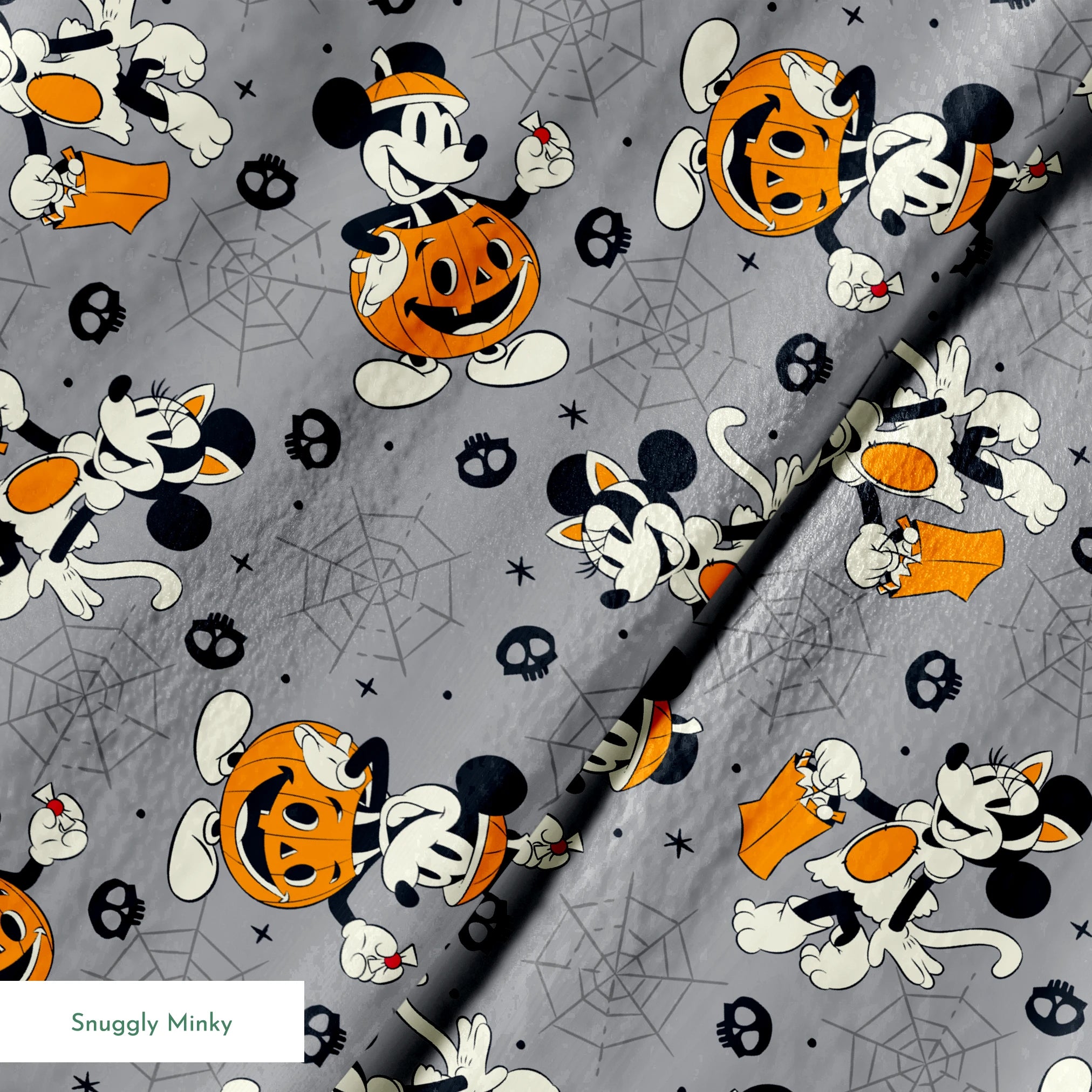 Cartoon dog characters in Halloween costumes with pumpkins on gray background with spider webs and skulls springs minky texture