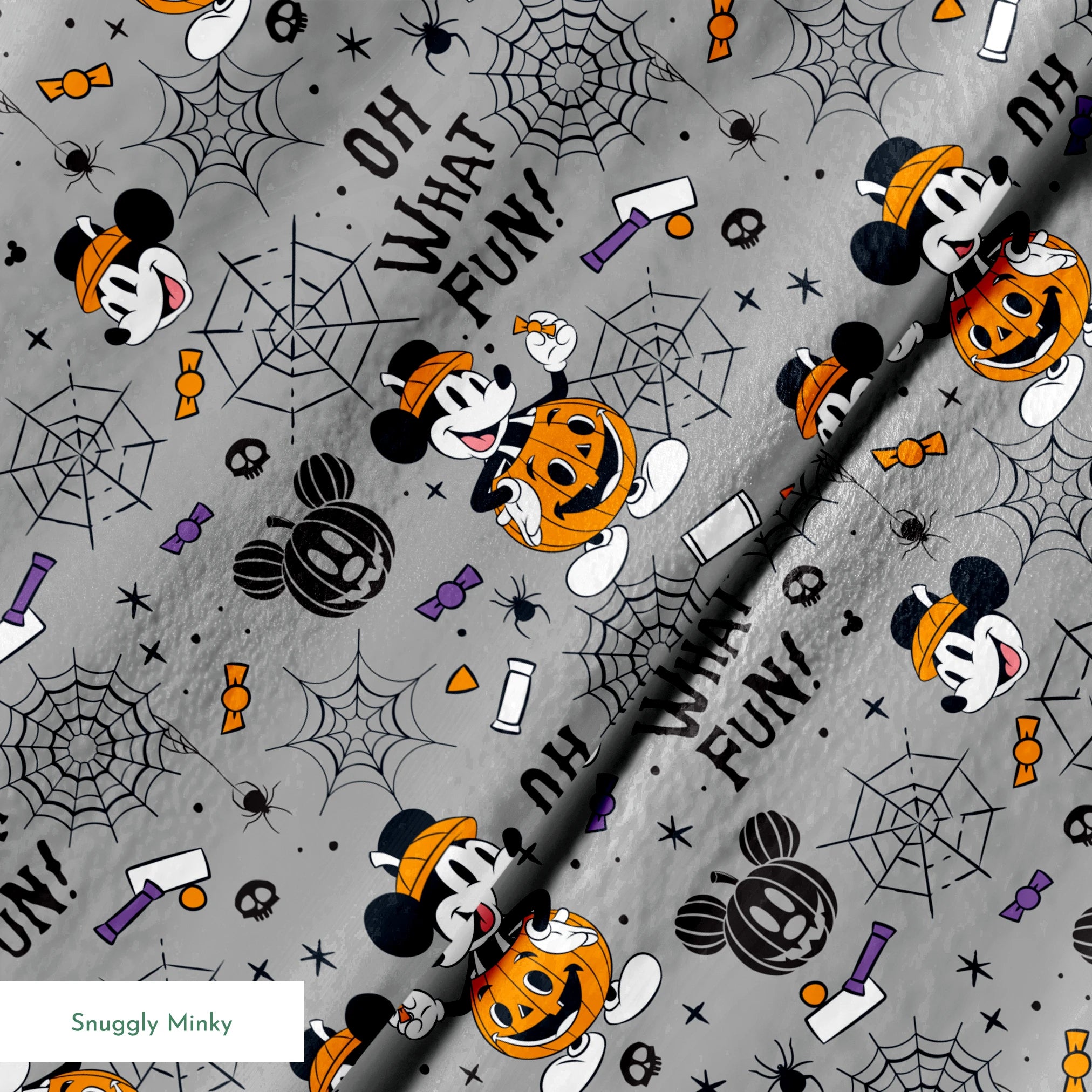 Halloween pattern with Mickey Mouse characters, pumpkins, spider webs, and "Oh What Fun!" text on gray background springs minky texture