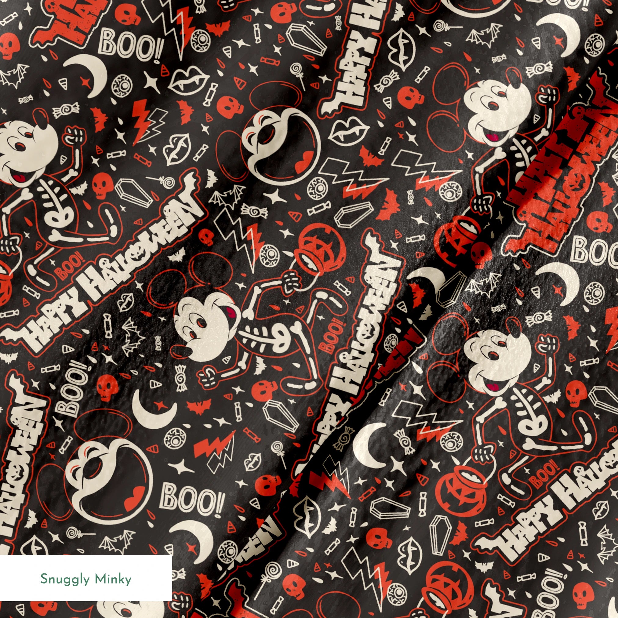 Mickey Mouse Halloween pattern with bats, pumpkins, and "Happy Halloween" text on dark background springs minky texture
